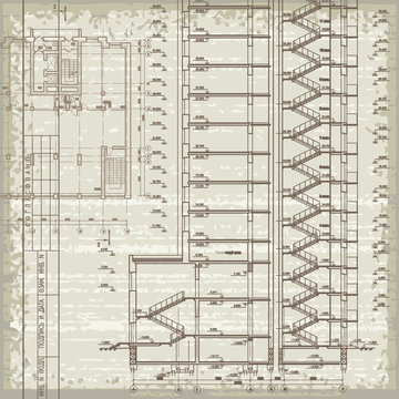 Grunge architectural background with plan and section. Eps10