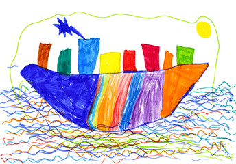 city on ship and sea children's drawing.