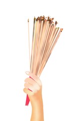 Hands Clutching Lit Incense Sticks for Praying Homage