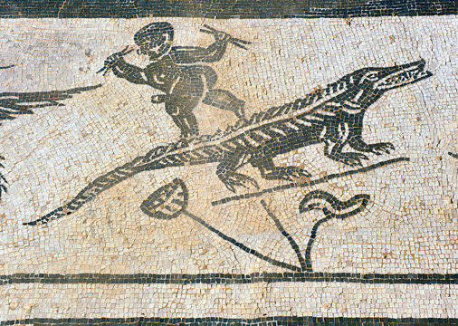 Mosaico romano, cocodrilo y pigmeo, It&aacute;lica