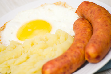 sausages with mashed potato and egg