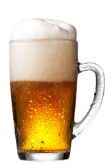 Mug fresh beer with cap of foam isolated on white background