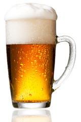 Mug fresh beer with cap of foam isolated on white background