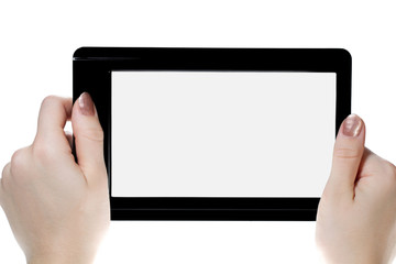 Hands with tablet computer. Isolated on white background