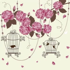 Papier Peint photo Lavable Oiseaux en cages Roses et oiseaux en cage