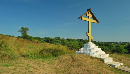 Orthodox cross near the holy spring in Zaraisk in Moscow region