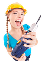 Energetic woman with drill