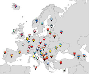 Pinned countries flags on map of Europe