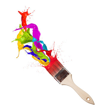  Colored paint splashes splashing from paintbrush 