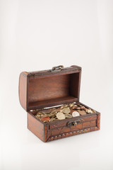 left side view of the box with coins on white