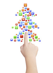 Finger pointing symbolic Christmas tree icons, isolated