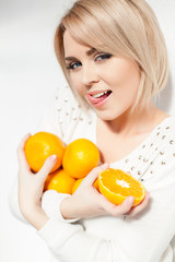 beautiful young and healthy women with yellow tangerines