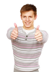 A smiling man showing thumb up sign