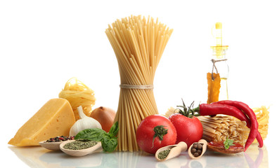 Pasta spaghetti, vegetables, spices and oil, isolated on white