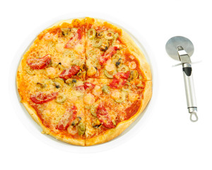 tasty pizza with pizza cutter isolated on white