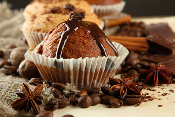 tasty muffin cakes with chocolate, spices and coffee seeds,