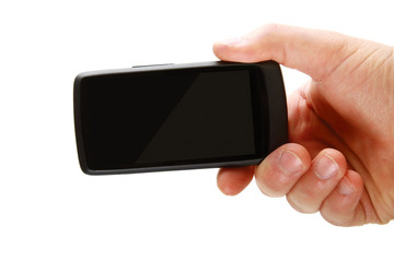 A hand with a mobile phone, isolated on white background