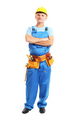 Male builder in yellow helmet isolated on white