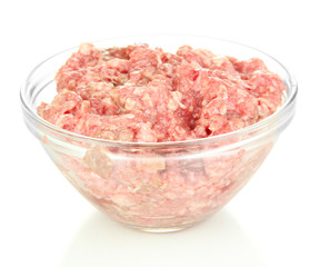 Bowl of raw ground meat isolated on white