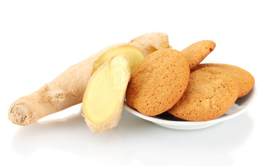 Ginger cookies with fresh ginger root isolated on white