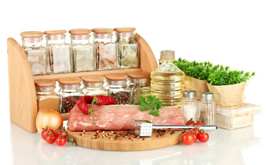 composition of raw meat, vegetables and spices isolated on