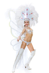 The girl in clothes for a carnival has beautifully risen