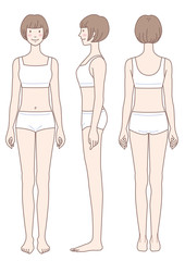 女性のからだ　水着　正面　横向き　後姿