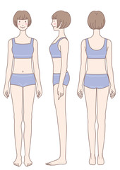女性のからだ　水着　正面　横向き　後姿