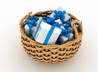 gift boxes in a braiding basket on a white background