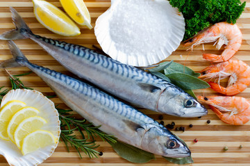 Seafood - fresh mackerel and shrimps in cuisine