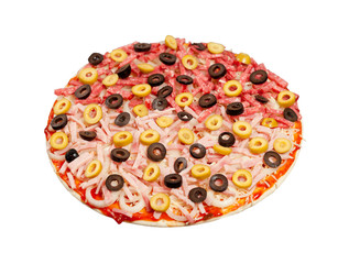 Sausage and olives are laid out on the grated cheese pizza.