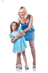 Happy mom and daughter on white