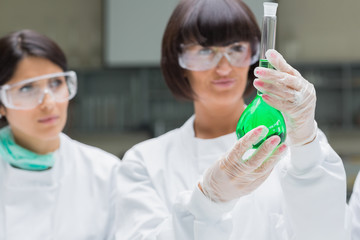 Female chemists viewing  green liquid