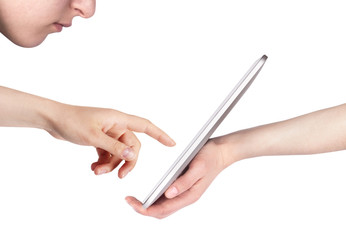 side view of tablet computer with woman