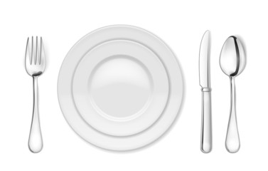Dinner plate, knife, fork and spoon