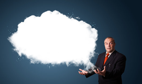 businessman presenting abstract cloud copy space