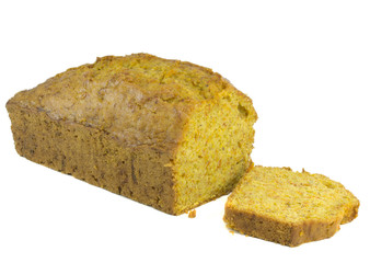 A fresh sponge cake and slice on a white background