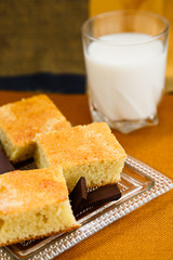 Homemade cake with chocolate and milk