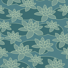 Seamless water-lily pattern in blue colors. Vector illustration