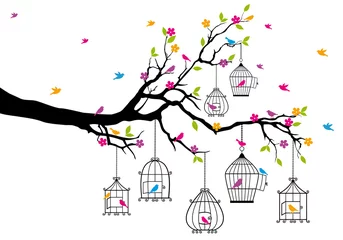 Abwaschbare Fototapete Vögel in Käfigen Baum mit Vögeln und Vogelkäfigen, Vektor