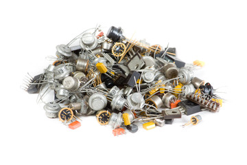 Old radio components on white background
