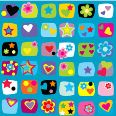 Seamless pattern with stars, flowers and hearts