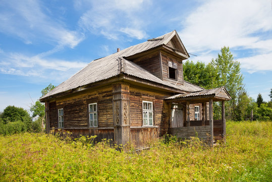 Old wooden house in russian village. Novgorod region, Russia.