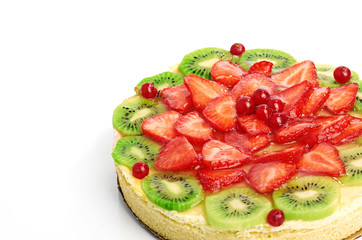 cake with strawberries and kiwi isolated on white background