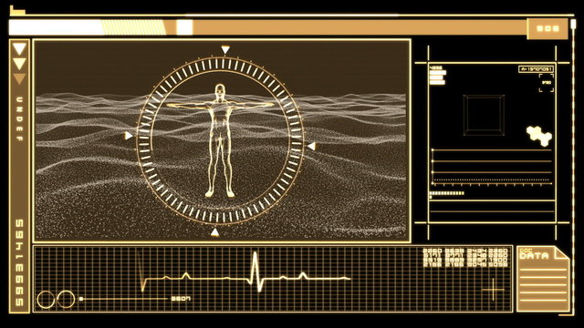 Digital interface displaying revolving human figure