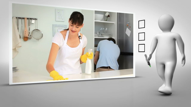 Clip of woman cleaning kitchen