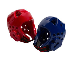 Red and blue taekwondo head guard isolated