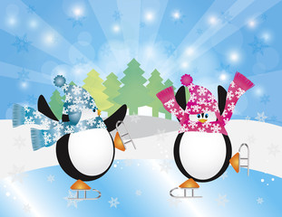 Penguins Pair Ice Skating in Winter Scene Illustration © jpldesigns
