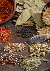 Different spices over a dark wood. Selective focus