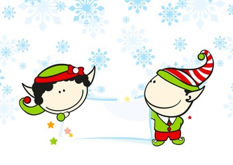 Christmas card with two elves holding a banner